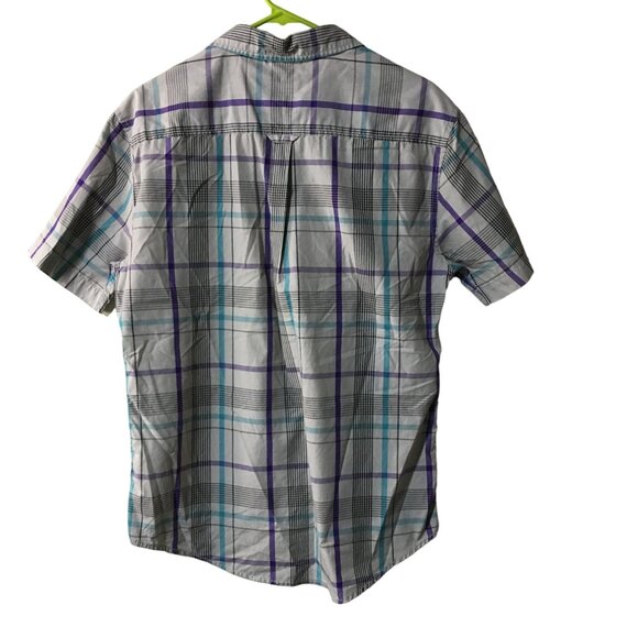 TONY HAWK SHORT SLEEVE GRAY PURPLE BLUE PLAID SHORT SLEEVE BUTTON DOWN SHIRT MEN - Picture 2 of 4